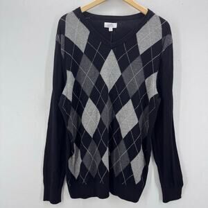 NWT Croft & Barrow V-Neck Gray Argyle Sweater Mens Large Lightweight Grandpacore